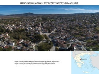ΠΑΝΟΡΑΜΙΚΗ ΑΠΟΨΗ ΤΟΥ ΒΕΛΕΣΤΙΝΟΥ ΣΤΗΝ ΜΑΓΝΗΣΙΑ
Πηγή εικόνας επάνω: https://mousikovagoni.gr/article.php?id=4162
Πηγή εικόνας δεξιά: https://el.wikipedia.org/wiki/Βελεστίνο
 