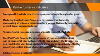 Sales growth: Evaluate how effective your marketing is through sales growth
Marketing Qualified Lead: People who have raised their hands (by
downloading an e-book or subscribing for a webinar) & identify themselves
as most deeply engaged audience
Website Traffic- Increase in number of people visiting the website
Blog Post Visits: Knowing the performance of your blog posts is a good
way to gauge what your customers like to read and don’t like to read. This,
as a result builds your brand equity and allows you an opportunity to further
create your content around what your customers want and need.
Lifetime value of a customer
 