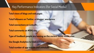 Key Performance Indicators (for Social Media)
Total views of blogs and web pages
Total followers on Twitter, e-blogger, wordpress
Total connections on LinkedIn
Total comments on #DHLway
Type of feedback people are leaving on the various social media sites
Use Google Analytics to track success
Total number of app installs and uninstalls
 
