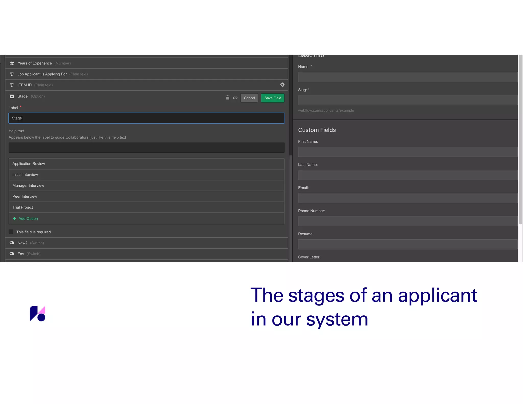 The stages of an applicant
in our system
 