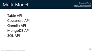 https://azureezy.com
© 2020 AzureEzy and AzureTalk. All rights reserved!
Multi-Model
• Table API
• Cassandra API
• Gremlin API
• MongoDB API
• SQL API
11
 