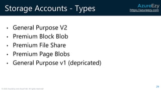 https://azureezy.com
© 2020 AzureEzy and AzureTalk. All rights reserved!
Storage Accounts - Types
• General Purpose V2
• Premium Block Blob
• Premium File Share
• Premium Page Blobs
• General Purpose v1 (depricated)
29
 