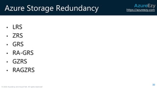 https://azureezy.com
© 2020 AzureEzy and AzureTalk. All rights reserved!
Azure Storage Redundancy
• LRS
• ZRS
• GRS
• RA-GRS
• GZRS
• RAGZRS
30
 