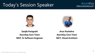 https://azureezy.com
© 2020 AzureEzy and AzureTalk. All rights reserved!
Today’s Session Speaker
Sanjib Panigrahi
AzureEzy Core Team
MCP, Sr Software Engineer
4
Arun Pachehra
AzureEzy Core Team
MCT, Cloud Architect
 
