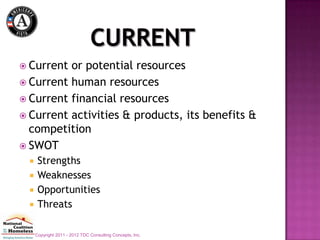  Current or potential resources
 Current human resources
 Current financial resources
 Current activities & products, its benefits &
  competition
 SWOT
      Strengths
      Weaknesses
      Opportunities
      Threats

      Copyright 2011 - 2012 TDC Consulting Concepts, Inc.
 