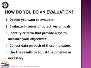 1. Decide you want to evaluate

2. Evaluate in terms of objectives or goals

3. Identify criteria that provide ways to
 measure your objectives

4. Collect data on each of these indicators

5. Use the results to adjust the program as
 necessary

   Copyright 2011 - 2012 TDC Consulting Concepts, Inc.
 