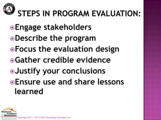 Engage  stakeholders
Describe the program
Focus the evaluation design
Gather credible evidence
Justify your conclusions
Ensure use and share lessons
 learned


  Copyright 2011 - 2012 TDC Consulting Concepts, Inc.
 