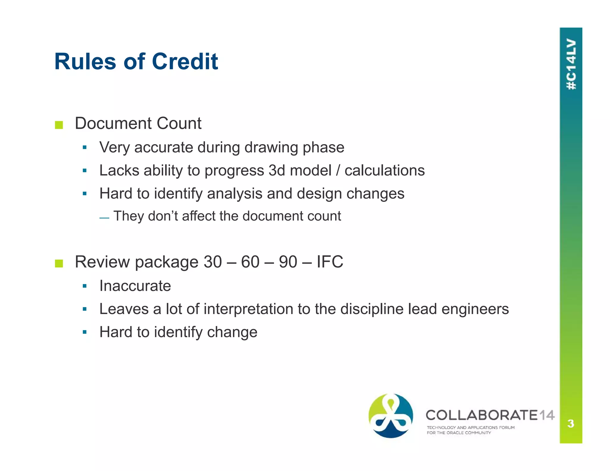 Rules of Credit
■ Document Count
▪ Very accurate during drawing phase
▪ Lacks ability to progress 3d model / calculations
▪ Hard to identify analysis and design changes
— They don’t affect the document count
■ Review package 30 – 60 – 90 – IFC
▪ Inaccurate
▪ Leaves a lot of interpretation to the discipline lead engineers
▪ Hard to identify change
 
