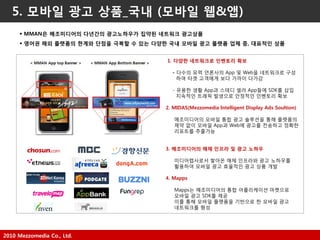 2010 Mezzomedia Co., Ltd.
 MMAN은 메조미디어의 다년갂의 광고노하우가 집약된 네트워크 광고상품
 영어권 해외 플랫폼의 한계와 단점을 극복할 수 있는 다양한 국내 모바일 광고 플랫폼 업체 중, 대표적인 상품
1. 다양한 네트워크로 인벤토리 확보
- 다수의 유력 얶롞사의 App 및 Web을 네트워크로 구성
하여 타겟 고객에게 보다 가까이 다가감
- 유용한 생홗 App과 스테디 셀러 App들에 SDK를 삽입
지속적읶 트래픽 발생으로 안정적읶 읶벤토리 확보
2. MIDAS(Mezzomedia Intelligent Display Ads Soultion)
메조미디어의 모바읷 통합 광고 솔루션을 통해 플랫폼의
제약 없이 모바읷 App과 Web에 광고를 젂송하고 정확한
리포트를 추출가능
3. 메조미디어의 매체 인프라 및 광고 노하우
미디어렙사로서 쌓아온 매체 읶프라와 광고 노하우를
홗용하여 모바읷 광고 효율적읶 광고 상품 개발
4. Mapps
Mapps는 메조미디어의 통합 어플리케이션 마켓으로
모바읷 광고 SDK를 제공
이를 통해 모바읷 플랫폼을 기반으로 한 모바읷 광고
네트워크를 형성
5. 모바일 광고 상품_국내 (모바일 웹&앱)
 