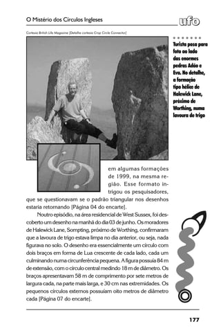 177
O Mistério dos Círculos Ingleses
em algumas formações
de 1999, na mesma re-
gião. Esse formato in-
trigou os pesquisadores,
que se questionavam se o padrão triangular nos desenhos
estaria retornando [Página 04 do encarte].
Noutro episódio, na área residencial de West Sussex, foi des-
coberto um desenho na manhã do dia 03 de junho. Os moradores
de Halewick Lane, Sompting, próximo de Worthing, confirmaram
que a lavoura de trigo estava limpa no dia anterior, ou seja, nada
figurava no solo. O desenho era essencialmente um círculo com
dois braços em forma de Lua crescente de cada lado, cada um
culminando numa circunferência pequena. A figura possuía 84 m
de extensão, com o círculo central medindo 18 m de diâmetro. Os
braços apresentavam 58 m de comprimento por sete metros de
largura cada, na parte mais larga, e 30 cm nas extremidades. Os
pequenos círculos externos possuíam oito metros de diâmetro
cada [Página 07 do encarte].
Turista posa para
foto ao lado
das enormes
pedras Adão e
Eva. No detalhe,
a formação
tipo hélice de
Halewick Lane,
próximo de
Worthing, numa
lavoura de trigo
Cortesia British Life Magazine [Detalhe cortesia Crop Circle Connector]
 
