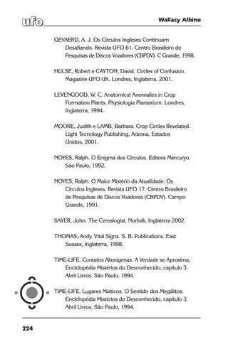 224
Wallacy Albino
GEVAERD, A. J. Os Círculos Ingleses Continuam
	 Desafiando. Revista UFO 61. Centro Brasileiro de
	 Pesquisas de Discos Voadores (CBPDV). C Grande, 1998.
HULSE, Robert e CAYTON, David. Circles of Confusion.
	 Magazine UFO UK. Londres, Inglaterra, 2001.
LEVENGOOD, W. C. Anatomical Anomalies in Crop
	 Formation Plants. Physiologia Plantarium. Londres,
	 Inglaterra, 1994.
MOORE, Judith e LAMB, Barbara. Crop Circles Revelated.
	 Light Tecnology Publishing, Arizona, Estados
	 Unidos, 2001.
NOYES, Ralph. O Enigma dos Círculos. Editora Mercuryo.
	 São Paulo, 1992.
NOYES, Ralph. O Maior Mistério da Atualidade: Os
	 Círculos Ingleses. Revista UFO 17. Centro Brasileiro
	 de Pesquisas de Discos Voadores (CBPDV). Campo
	 Grande, 1991.
SAYER, John. The Cerealogist. Norfolk, Inglaterra 2002.
	
THOMAS, Andy. Vital Signs. S. B. Publications. East 	
	 Sussex, Inglaterra, 1998.
TIME-LIFE. Contatos Alienígenas. A Verdade se Aproxima,
	 Enciclopédia Mistérios do Desconhecido, capítulo 3.
	 Abril Livros. São Paulo, 1994.
TIME-LIFE. Lugares Místicos. O Sentido dos Megálitos.
	 Enciclopédia Mistérios do Desconhecido, capítulo 3.
	 Abril Livros. São Paulo, 1994.
 