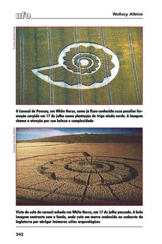 242
Wallacy Albino
Vista do solo do caracol achado em White Horse, em 17 de julho passado. A bela
imagem contrasta com o fundo, onde está um morro conhecido no sudoeste da
Inglaterra por abrigar inúmeros sítios arqueológicos
O Caracol de Pewsay, em White Horse, como já ficou conhecida essa peculiar for-
mação surgida em 17 de julho numa plantação de trigo ainda verde. A imagem
chama a atenção por sua beleza e complexidade
CortesiaAndrewKingCortesiaCharlesMallett
 