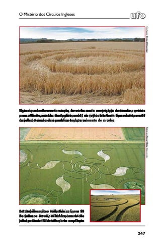 247
O Mistério dos Círculos Ingleses
Em Etchilhampton Hill, Devizes, em 28
de julho, o estudioso do fenômeno dos
círculos Stuart Dike descobriu essa ima-
CortesiaSteveAlexander
Figura que lembra uma estrela, formada com a composição de círculos, anéis e
arcos. Foi encontrada em Englishcombe, na região de North Sommerset, em 07
de julho. A área não é prolífica em aparecimento de círculos
CortesiaStuartDike
A Rosa, como ficou conhecida a figura de
Normanton Down, Wiltshire, em 04 de
julho passado. No detalhe, uma ampliação
CortesiaRichardHarrison
Vista do solo de uma formação de vários anéis em trigo já maturado e pronto
para colheita, em Liss Hampshire, em 01 de julho. Este é um tipo relativamente
comum de círculo observado na Inglaterra
FotoscortesiaSteveAlexander
 