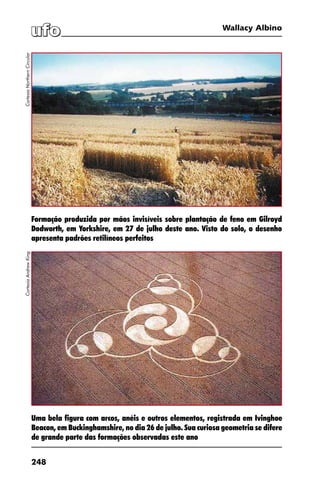 248
Wallacy Albino
Uma bela figura com arcos, anéis e outros elementos, registrada em Ivinghoe
Beacon, em Buckinghamshire, no dia 26 de julho. Sua curiosa geometria se difere
de grande parte das formações observadas este ano
Formação produzida por mãos invisíveis sobre plantação de feno em Gilroyd
Dodworth, em Yorkshire, em 27 de julho deste ano. Visto do solo, o desenho
apresenta padrões retilíneos perfeitos
CortesiaNorthernCircularCortesiaAndrewKing
 