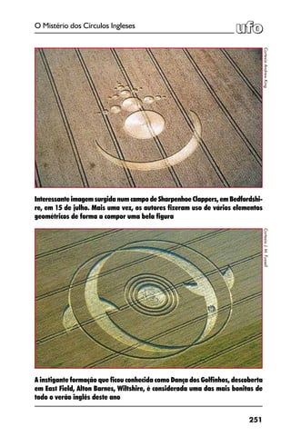251
O Mistério dos Círculos Ingleses
A instigante formação que ficou conhecida como Dança dos Golfinhos, descoberta
em East Field, Alton Barnes, Wiltshire, é considerada uma das mais bonitas de
todo o verão inglês deste ano
CortesiaAndrewKing
Interessante imagem surgida num campo de Sharpenhoe Clappers, em Bedfordshi-
re, em 15 de julho. Mais uma vez, os autores fizeram uso de vários elementos
geométricos de forma a compor uma bela figura
CortesiaJ.M.Fussell
 