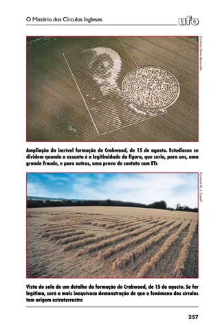 257
O Mistério dos Círculos Ingleses
Vista do solo de um detalhe da formação de Crabwood, de 15 de agosto. Se for
legítima, será a mais inequívoca demonstração de que o fenômeno dos círculos
tem origem extraterrestre
CortesiaSteveAlexander
Ampliação da incrível formação de Crabwood, de 15 de agosto. Estudiosos se
dividem quando o assunto é a legitimidade da figura, que seria, para uns, uma
grande fraude, e para outros, uma prova de contato com ETs
CortesiaM.J.Fussell
 