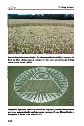 258
Wallacy Albino
Enigmática figura que lembra um símbolo da Maçonaria, encontrada numa área
que pouco a pouco vai se tornando de grande incidência: Beacon Hill, em Highclere,
Hampshire. A data é 21 de julho de 2002
Um círculo relativamente simples, descoberto em Charing Ashford, na região de
Kent, em 11 de julho passado. A formação foi feita sobre uma plantação de trigo
quase pronta para a colheita
CortesiaGrahamTuckerCortesiaSteveAlexander
 