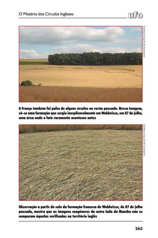 263
O Mistério dos Círculos Ingleses
Observação a partir do solo da formação francesa de Waldwisse, de 07 de julho
passado, mostra que as imagens congêneres do outro lado da Mancha não se
comparam àquelas verificadas no território inglês
CortesiaCropCircleConnector
A França também foi palco de alguns círculos no verão passado. Nessa imagem,
vê-se uma formação que surgiu inexplicavelmente em Waldwisse, em 07 de julho,
uma área onde o fato raramente aconteceu antes
CortesiaCropCircleConnector
 