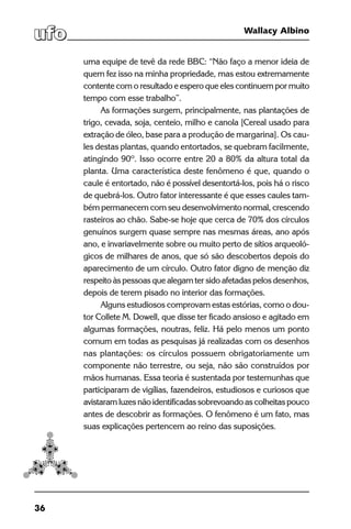 36
Wallacy Albino
uma equipe de tevê da rede BBC: “Não faço a menor ideia de
quem fez isso na minha propriedade, mas estou extremamente
contente com o resultado e espero que eles continuem por muito
tempo com esse trabalho”.
As formações surgem, principalmente, nas plantações de
trigo, cevada, soja, centeio, milho e canola [Cereal usado para
extração de óleo, base para a produção de margarina]. Os cau-
les destas plantas, quando entortados, se quebram facilmente,
atingindo 90º. Isso ocorre entre 20 a 80% da altura total da
planta. Uma característica deste fenômeno é que, quando o
caule é entortado, não é possível desentortá-los, pois há o risco
de quebrá-los. Outro fator interessante é que esses caules tam-
bém permanecem com seu desenvolvimento normal, crescendo
rasteiros ao chão. Sabe-se hoje que cerca de 70% dos círculos
genuínos surgem quase sempre nas mesmas áreas, ano após
ano, e invariavelmente sobre ou muito perto de sítios arqueoló-
gicos de milhares de anos, que só são descobertos depois do
aparecimento de um círculo. Outro fator digno de menção diz
respeito às pessoas que alegam ter sido afetadas pelos desenhos,
depois de terem pisado no interior das formações.
Alguns estudiosos comprovam estas estórias, como o dou-
tor Collete M. Dowell, que disse ter ficado ansioso e agitado em
algumas formações, noutras, feliz. Há pelo menos um ponto
comum em todas as pesquisas já realizadas com os desenhos
nas plantações: os círculos possuem obrigatoriamente um
componente não terrestre, ou seja, não são construídos por
mãos humanas. Essa teoria é sustentada por testemunhas que
participaram de vigílias, fazendeiros, estudiosos e curiosos que
avistaram luzes não identificadas sobrevoando as colheitas pouco
antes de descobrir as formações. O fenômeno é um fato, mas
suas explicações pertencem ao reino das suposições.
 