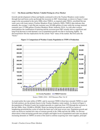 Nevada’s Truckee-Carson Water Markets 17
The Boom and Bust Market: Volatile Pricing in a Free Market5.2.2
Growth and development in Reno and Sparks continued to drive the Truckee Meadows water market
through bust and boom cycles up through the recession in 2007. Interestingly, as shown in Figure 3 water
usage in the area peaked in the early 2000s when TMWA, as required under TROA, retrofitted flat rate
water users with water meters (Truckee Meadows Water Authority 2009). TMWA data indicates that,
annually, the average ¾ inch flat rate customer uses 265,000 gallons of water while the average metered
customer uses 137,000 gallons (Truckee Meadows Water Authority 2016). As with other western
municipalities the combination of metering and the recession post-2007 actually led to a significant and
long-lived decrease in total demand, even as population growth was flat or increasing slightly. As
discussed below this has implications for the current “bust” status of the market. But first came the
“boom.”
Figure 3: Comparison of Washoe County Population to TMWA Production
Source: TMWA 2016 – 2035 Resource Plan, Vol. II
As noted earlier the water utility of SPPC, and its successor TMWA (from here onwards TMWA is used
for both entities), are the primary buyers in the Truckee Meadows water market. As shown in Figure 3,
the population of Washoe County has trended upwards at a rapid rate from 1970 through the recession in
the late 2000s, from 120,000 to 420,000. Water use during this period rose and fell in a series of
lengthening growth/decline cycles of which the latest one is the most severe case. Population growth and
water use however reached new rates of extreme growth in the 1990s and into the 2000s. An obvious
observation is that increasing growth rates at higher and higher levels of population and water use placed
increasing demands on TMWA in terms of the need to continue acquiring new water supplies, principal
 