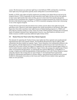 Nevada’s Truckee-Carson Water Markets 26
system. The downstream user and water right buyer is the Stillwater NWR, and therefore, transferring
water rights away from agriculture typically means selling them to environmental buyers.
Notably, in TCID, water rights are held by landowners (according to the Alpine Decree) and not by the
Irrigation District. TCID is responsible for delivering those water rights, but does not have the authority
to reject water right transfers that it does not like, nor can it extract rents from transfers through the
levying of exit or termination fees. Irrigators in TCID pay an annual assessment fee of $45/acre; however,
the issue is that farmed acreage is declining, so TCID is essentially managing a district that is decreasing
in size of the irrigation footprint.
Truckee Division and Carson Division farmers have similar concerns about water rights leaving the
agriculture sector. Moreover, both market segments face similar uncertainties as the primary water rights
buyers have been able to purchase water rights because of federal funding programs (i.e. WQSA and
DTL) that are currently coming to a close. In the case of the USFWS program continued sales of acquired
lands will underpin continued water right purchases, however, once these lands are sold there are no
further resources available to purchase additional rights (Grimes 2016).
5.5 Market Prices for Water in the Three Market Segments
The rationale for separating the Truckee-Carson water market into three segments rests on physical and
legal distinctions that create separate markets. The WestWater Research price data for 2002 to 2009
substantiates that these markets are separate. Figure 7 shows that prices were substantially different in the
three segments, with the highest prices in Truckee Meadows and the lowest in the Carson Division. As
pointed out in the earlier sections, the degree of competition for water and the demand-supply balance, as
well as market structure explain these differences. Figure 8 shows the average price paid by type of buyer:
urban, environmental and agricultural. As expected the price paid by M&I buyers, at $20,000/AF on
average, is highest given that the preponderance of these purchases were in the Truckee Meadows market
where this amount is the average price (as seen in Figure 7). Environmental buyers paid around
$5,000/AF reflecting their participation in all three markets. Agricultural buyers paid the least at around
$3,000/AF reflecting the lower prices in the Carson and Truckee Division markets where agriculture
trades are more prevalent.
 