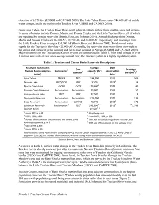 Nevada’s Truckee-Carson Water Markets 3
elevation of 6,229 feet (USDOI and CADWR 2008). The Lake Tahoe Dam creates 744,600 AF of usable
water storage, and is the outlet to the Truckee River (USDOI and CADWR 2008).
From Lake Tahoe, the Truckee River flows north where it collects inflow from smaller, snow fed streams.
Its main tributaries include Donner, Martis, and Prosser Creeks, and the Little Truckee River, all of which
are regulated by storage reservoirs (Berris, Hess, and Bohman 2001). Annual discharge from Donner,
Martis and Prosser Creeks are 26,300 AF, 19,700 AF, and 64,000 AF respectively, and discharge from
the Little Truckee River averages 135,000 AF (Berris, Hess, and Bohman 2001). Total annual water
supply for the Truckee is therefore 425,000 AF. Generally, the reservoirs store water from snowmelt in
the spring and release it in the summer and fall to meet demand in Nevada (USDOI and CADWR 2008).
Major reservoirs on the Truckee and Carson system are summarized in Table 1. With total storage of over
1 million acre-feet (or two times average annual flow) the Truckee system is a highly regulated system.
Table 1: Truckee and Carson Basin Reservoir Descriptions
Reservoir	name	(all	in	
Truckee	Basin	except	as	
noted)	
Dam	owner
1
	
Dam	
operator
1
	
Storage	
capacity	(AF)
	
1
	
Dam	
construction	
date
1
	
Drainage	
area	(mi
2
)
	1
	
Lake	Tahoe	 TMWA	 TCID	 744,600	 1913	 506	
Donner	Lake	 SPPC/TCID	 SPPC	 9,500	
	
1928
2
	 14	
Martis	Creek	Lake	 USCOE	 USCOE	 	20,400
3
	 1971	 40	
Prosser	Creek	Reservoir	 Reclamation	 Reclamation	 29,800	 1962	 50	
Independence	Lake	 SPPC	 SPPC	 17,500	 1939	 8	
Stampede	Reservoir	 Reclamation	 Reclamation	 226,500	 1970	 136	
Boca	Reservoir	 Reclamation	 WCWCD	 40,900	 	1938
4
	 172	
Lahontan	Reservoir	
(Carson	Basin)	
Reclamation
	5
	 	TCID
2
	 	295,500
6,	7
	
	17,300
7,	9
	
	1915
7
	
7,	8
1,799	
1
	Jones,	1991a,	p.11	
2
	USGS,	1998,	p318	
3
	Bureau	of	Reclamation	(Reclamation)	and	others,	1998	
hydrology	appendix,	p.	H-2	
4
	USGS	1998,	p.338	
5
	Jones,	1996,	p.	26	
6
	At	spillway	crest	
7
	From	USGS,	1998,	p.	176	
8
	Does	not	include	drainage	from	Truckee	Canal	
9
	With	use	of	flashboards	on	the	spillway	crest	
Abbreviations:	Sierra	Pacific	Power	Company	(SPPC);	Truckee-Carson	Irrigation	District	(TCID);	U.S.	Army	Corps	of	
Engineers	(USCOE);	U.S.	Bureau	of	Reclamation;	Washoe	County	Water	Conservation	District	(WCWCD)	
Source:	Berris,	Hess	and	Bohman	(1998)	
As shown in Table 1, surface water storage in the Truckee River Basin lies primarily in California. The
Truckee curves sharply eastward just after it crosses into Nevada. Floriston Rates (historic minimum flow
rates that were maintained for logging) are measured at the town of Farad on the California Nevada
border (USDOI and CADWR 2008). From Farad, the Truckee flows 14 miles through the Truckee
Meadows area and the Reno-Sparks metropolitan areas, which are served by the Truckee Meadows Water
Authority (TMWA), the municipal water purveyor. TWMA owns and operates four hydropower plants
between the Little Truckee River and Truckee Meadows (USDOI and CADWR 2008).
Washoe County, made up of Reno-Sparks metropolitan area plus adjacent communities, is the largest
population center on the Truckee River. Washoe county population has increased steadily over the last
110 years with population growth being concentrated in cities rather than in rural areas (Figure 2).
Population growth has increased municipal and industrial (M&I) demand for Truckee River water, and
 