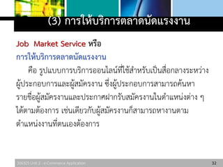 306325 Unit 2 : e-Commerce Application
(3) การให้บริการตลาดนัดแรงงาน
Job Market Service หรือ
การให้บริการตลาดนัดแรงงาน
คือ รูปแบบการบริการออนไลน์ที่ใช้สาหรับเป็นสื่อกลางระหว่าง
ผู้ประกอบการและผู้สมัครงาน ซึ่งผู้ประกอบการสามารถค้นหา
รายชื่อผู้สมัครงานและประกาศฝากรับสมัครงานในตาแหน่งต่าง ๆ
ได้ตามต้องการ เช่นเดียวกับผู้สมัครงานก็สามารถหางานตาม
ตาแหน่งงานที่ตนเองต้องการ
32
 