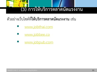 306325 Unit 2 : e-Commerce Application
(3) การให้บริการตลาดนัดแรงงาน
ตัวอย่างเว็บไซต์ที่ให้บริการตลาดนัดแรงงาน เช่น
 www.jobthai.com
 www.jobbee.co
 www.jobpub.com
33
 