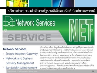 306325 Unit 2 : e-Commerce Application 51
บริการต่างๆ ของสานักงานรัฐบาลอิเล็กทรอนิกส์ (องค์การมหาชน)
Network Services
· Secure Internet Gateway
· Network and System
Security Management
· Bandwidth Management
บริการด้านการสื่อสารข้อมูลด้วยเครือข่ายสื่อสารความเร็วสูงที่มีคุณภาพและปลอดภัย
สาหรับหน่วยงานภาครัฐโดยเฉพาะ ภายใต้ระบบ Government Secure Intranet
(GSINet) ของสานักงานรัฐบาลอิเล็กทรอนิกส์ (สรอ.) ซึ่งสามารถรองรับข้อมูลในการ
สื่อสารทุกรูปแบบ ทุกระบบ และทุกมาตรฐาน ทั้งการเชื่อมต่อภายในหน่วยงาน
และระหว่างหน่วยงาน ช่วยเพิ่มความคล่องตัวในการติดต่อ การแลกเปลี่ยนข้อมูล
ระหว่างกันบนเครือข่ายที่ปลอดภัย และรวดเร็ว ตลอดจนบริการบริหารจัดการ
เครือข่าย (Network Management) และบริการอุปกรณ์เครือข่ายสื่อสาร
(Network Appliance) ที่ช่วยเพิ่มประสิทธิภาพการสื่อสารบนระบบเครือข่าย เพื่อให้
สามารถทางานได้อย่างสมบูรณ์แบบ และมีประสิทธิภาพ
 