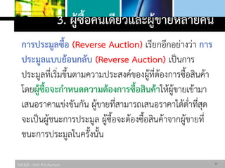306325 : Unit 4 E-Auction
การประมูลซื้อ (Reverse Auction) เรียกอีกอย่างว่า การ
ประมูลแบบย้อนกลับ (Reverse Auction) เป็นการ
ประมูลที่เริ่มขึ้นตามความประสงค์ของผู้ที่ต้องการซื้อสินค้า
โดยผู้ซื้อจะกาหนดความต้องการซื้อสินค้าให้ผู้ขายเข้ามา
เสนอราคาแข่งขันกัน ผู้ขายที่สามารถเสนอราคาได้ต่าที่สุด
จะเป็นผู้ชนะการประมูล ผู้ซื้อจะต้องซื้อสินค้าจากผู้ขายที่
ชนะการประมูลในครั้งนั้น
3. ผู้ซื้อคนเดียวและผู้ขายหลายคน
13
 