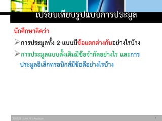 306325 : Unit 4 E-Auction
นักศึกษาคิดว่า
การประมูลทั้ง 2 แบบมีข้อแตกต่างกันอย่างไรบ้าง
การประมูลแบบดั้งเดิมมีข้อจากัดอย่างไร และการ
ประมูลอิเล็กทรอนิกส์มีข้อดีอย่างไรบ้าง
5
เปรียบเทียบรูปแบบการประมูล
 