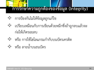 306325 Unit 8 : EC-Security
การรักษาความถูกต้องของข้อมูล (Integrity)
 การป้องกันไม่ให้ข้อมูลถูกแก้ไข
 เปรียบเหมือนกับการเขียนด้วยหมึกซึ่งถ้าถูกลบแล้วจะ
ก่อให้เกิดรอยลบ
 หรือ การใช้โฮโลแกรมกากับบนบัตรเครดิต
 หรือ ลายน้าบนธนบัตร
14
 