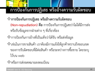 306325 Unit 8 : EC-Security
การป้องกันการปฏิเสธ หรืออ้างความรับผิดชอบ
การป้องกันการปฏิเสธ หรืออ้างความรับผิดชอบ
(Non-repudiation) คือ การป้องกันการปฏิเสธว่าไม่ได้มีการส่ง
หรือรับข้อมูลจากฝ่ายต่าง ๆ ที่เกี่ยวข้อง
การป้องกันการอ้างที่เป็นเท็จว่าได้รับ หรือส่งข้อมูล
เช่นในการขายสินค้า เราต้องมีการแจ้งให้ลูกค้าทราบถึงขอบเขต
ของการรับผิดชอบที่มีต่อสินค้า หรือระหว่างการซื้อขาย โดยระบุ
ไว้บน web
หรือการส่งจดหมายลงทะเบียน
15
 