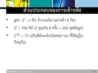 306325 Unit 8 : EC-Security
 สูตร 2n ; n คือ จานวนบิต (อย่างต่า 8 บิต)
 28 = 256 คีย์ (2 คูณกัน 8 ครั้ง = 256 ชุดข้อมูล)
 2128 = ??? (เป็นคีย์ของโปรโตคอล Set ที่ใช้อยู่ใน
ปัจจุบัน)
ส่วนประกอบของการเข้ารหัส
33
 
