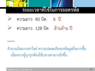 306325 Unit 8 : EC-Security
ระยะเวลาที่ใช้ในการถอดรหัส
 ความยาว 40 บิต 8 ปี
 ความยาว 128 บิต ล้านล้าน ปี
*****
จานวนบิตมากเท่าไหร่ ความปลอดภัยของข้อมูลยิ่งมากขึ้น
เนื่องจากผู้บุกรุกต้องใช้เวลาเดามากยิ่งขึ้น
34
 