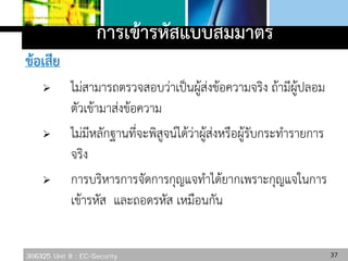 306325 Unit 8 : EC-Security
ข้อเสีย
 ไม่สามารถตรวจสอบว่าเป็นผู้ส่งข้อความจริง ถ้ามีผู้ปลอม
ตัวเข้ามาส่งข้อความ
 ไม่มีหลักฐานที่จะพิสูจน์ได้ว่าผู้ส่งหรือผู้รับกระทารายการ
จริง
 การบริหารการจัดการกุญแจทาได้ยากเพราะกุญแจในการ
เข้ารหัส และถอดรหัส เหมือนกัน
การเข้ารหัสแบบสมมาตร
37
 