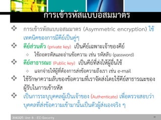 306325 Unit 8 : EC-Security
การเข้ารหัสแบบอสมมาตร
 การเข้ารหัสแบบอสมมาตร (Asymmetric encryption) ใช้
เทคนิคของการมีคีย์เป็นคู่ๆ
 คีย์ส่วนตัว (private key) เป็นคีย์เฉพาะเจ้าของคีย์
 ใช้ถอดรหัสและอ่านข้อความ เช่น รหัสลับ (password)
 คีย์สาธารณะ (Public key) เป็นคีย์ที่ส่งให้ผู้อื่นใช้
 แจกจ่ายให้ผู้ที่ต้องการส่งข้อความถึงเรา เช่น e-mail
 ใช้รักษาความลับของข้อความที่เราจัดส่งโดยใช้คีย์สาธารณะของ
ผู้รับในการเข้ารหัส
 เป็นการระบุบุคคลผู้เป็นเจ้าของ (Authenticate) เพื่อตรวจสอบว่า
บุคคลที่ส่งข้อความเข้ามานั้นเป็นตัวผู้ส่งเองจริง ๆ
39
 