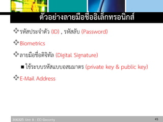 306325 Unit 8 : EC-Security
ตัวอย่างลายมือชื่ออิเล็กทรอนิกส์
รหัสประจาตัว (ID) , รหัสลับ (Password)
Biometrics
ลายมือชื่อดิจิทัล (Digital Signature)
 ใช้ระบบรหัสแบบอสมมาตร (private key & public key)
E-Mail Address
45
 