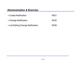 Page 22
Create Notification IW21
Change Notification IW22
List Editing Change Notification IW28
Demonstration  Exercise
 