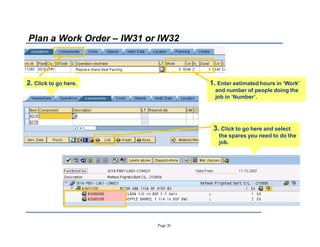 Page 26
Plan a Work Order ± IW31 or IW32
2. Click to go here. 1. Enter estimated hours in µWork¶
and number of people doing the
job in µNumber¶.
3. Click to go here and select
the spares you need to do the
job.
 