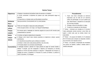 Ganhar Tempo

Objectivos      ● Realçar a importância de planificar antes de executar um trabalho                                          Procedimento
                ● Tornar consciente a sequência de passos que cada participante segue ao                       1. Fazer uma breve introdução ao exercício
                planificar                                                                                         explicando que se trata de um exercício
                ● Proporcionar um debate sobre as dificuldades de planificar                                       prático de planificação, em que é pedido que
Ambiente        Sala que permita o funcionamento de 2 ou mais equipas.                                             seja determinada a sequência de execução
físico                                                                                                             de uma lista de tarefas.
                                                                                                               2. Entregar a folha de instruções e o mapa.
Material     a Folha com instruções e mapa para cada participante.
                Folha de papel cenário, com mapa. (ver Regras/Tarefas/Mapa)                                    3. O exercício é realizado em três tempos:
utilizar
                                                                                                            1º Tempo – Individual com duração de 15 minutos.
Tempo           45 minutos para a realização do exercício seguido de cerca de 60 minutos para
                                                                                                            Cada participante deverá escrever numa folha de
                análise/debate em plenário.
exigido                                                                                                     papel a ordem pela qual as tarefas devem ser

Ideias       a ● Analisar as lógicas subjacentes às respostas;                                              executadas.
                                                                                                            2º Tempo – em grupos de trabalho (3 a 6 pessoas)
realçar    no ● Realçar como devem estar sempre presentes os objectivos a atingir, quando
                planificamos;                                                                               têm 30 minutos para comparar as respostas, analisá-
debate
                ● A importância de planificar para a eficácia do trabalho;                                  las e encontrar uma resposta comum.
                ● Analisar o modo como cada pessoa planifica o seu dia-a-dia;                               3º Tempo – em plenário, comparação dos resultados
                ● Principais etapas num processo de planificação.                                           dos grupos de trabalho, análise e debate sobre o

Comentários     A utilização durante o plenário do mapa grande em papel de cenário facilita o               trabalho efectuado.
                debate. A solução, que tem subjacente o objectivo de transportar os volumes
                pesados no mínimo de tempo possível é a seguinte: 1) Repartição de Finanças; 2)
                Estação de correio; 3) Sapateiro; 4) Tinturaria; 5) Livraria; 6) Padaria; 7) Leitaria; 8)
                Café; 9) Escritório; 10) Garagem
 