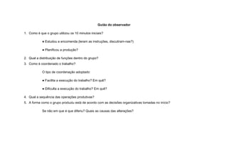 Guião do observador

1. Como é que o grupo utilizou os 10 minutos iniciais?

            ● Estudou a encomenda (leram as instruções, discutiram-nas?)

            ● Planificou a produção?

2. Qual a distribuição de funções dentro do grupo?
3. Como é coordenado o trabalho?

            O tipo de coordenação adoptado:

            ● Facilita a execução do trabalho? Em quê?

            ● Dificulta a execução do trabalho? Em quê?

4. Qual a sequência das operações produtivas?
5. A forma como o grupo produziu está de acordo com as decisões organizativas tomadas no início?

            Se não em que é que diferiu? Quais as causas das alterações?
 