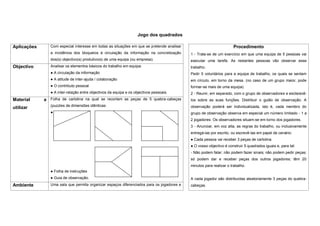Jogo dos quadrados

Aplicações      Com especial interesse em todas as situações em que se pretende analisar                            Procedimento
                a incidência dos bloqueios à circulação da informação na concretização     1 - Trata-se de um exercício em que uma equipa de 5 pessoas vai
                dos(s) objectivo(s) produtivo(s) de uma equipa (ou empresa).               executar uma tarefa. As restantes pessoas vão observar esse
Objectivo       Analisar os elementos básicos do trabalho em equipa:                       trabalho.
                ● A circulação da informação                                               Pedir 5 voluntários para a equipa de trabalho, os quais se sentam
                ● A atitude de inter-ajuda / colaboração                                   em círculo, em torno da mesa. (no caso de um grupo maior, pode
                ● O contributo pessoal                                                     formar-se mais de uma equipa)
                ● A inter-relação entre objectivos da equipa e os objectivos pessoais.     2 - Reunir, em separado, com o grupo de observadores e esclarecê-
Material     a Folha de cartolina na qual se recortam as peças de 5 quebra-cabeças         los sobre as suas funções. Distribuir o guião de observação. A
                (puzzles de dimensões idênticas:                                           observação poderá ser individualizada, isto é, cada membro do
utilizar
                ●                                                                          grupo de observação observa em especial um número limitado - 1 a
                                                                                           2 jogadores. Os observadores situam-se em torno dos jogadores.
                                                                                           3 - Anunciar, em voz alta, as regras do trabalho, ou inclusivamente
                                                                                           entregá-las por escrito, ou escrevê-las em papel de cenário:
                                                                                           ● Cada pessoa vai receber 3 peças de cartolina
                                                                                           ● O vosso objectivo é construir 5 quadrados iguais e, para tal:
                                                                                           - Não podem falar; não podem fazer sinais; não podem pedir peças;
                                                                                           só podem dar e receber peças dos outros jogadores; têm 20
                                                                                           minutos para realizar o trabalho.
                ● Folha de instruções
                ● Guia de observação.                                                      A cada jogador são distribuídas aleatoriamente 3 peças do quebra-
Ambiente        Uma sala que permita organizar espaços diferenciados para os jogadores e   cabeças.
 