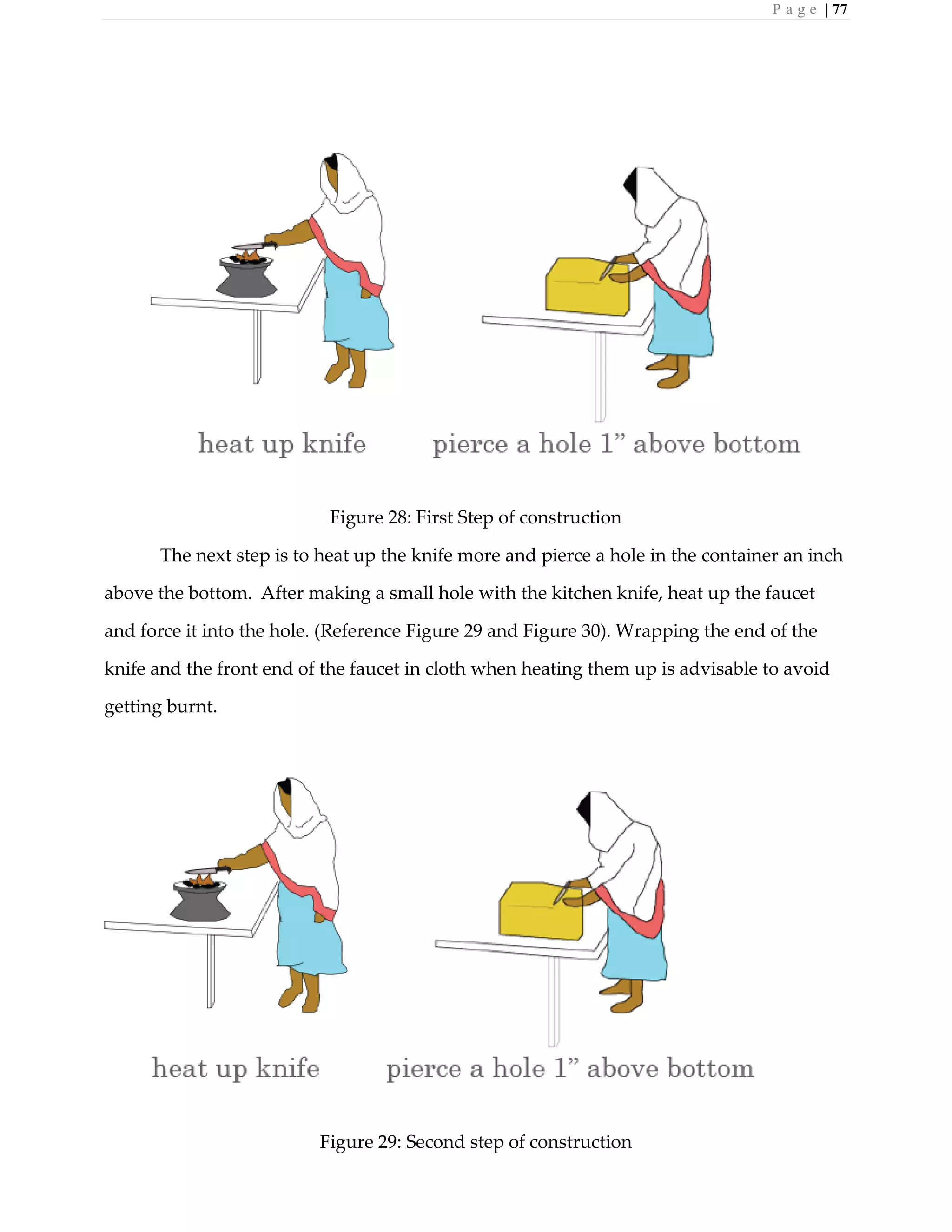 P a g e | 77
Figure 28: First Step of construction
The next step is to heat up the knife more and pierce a hole in the container an inch
above the bottom. After making a small hole with the kitchen knife, heat up the faucet
and force it into the hole. (Reference Figure 29 and Figure 30). Wrapping the end of the
knife and the front end of the faucet in cloth when heating them up is advisable to avoid
getting burnt.
Figure 29: Second step of construction
 