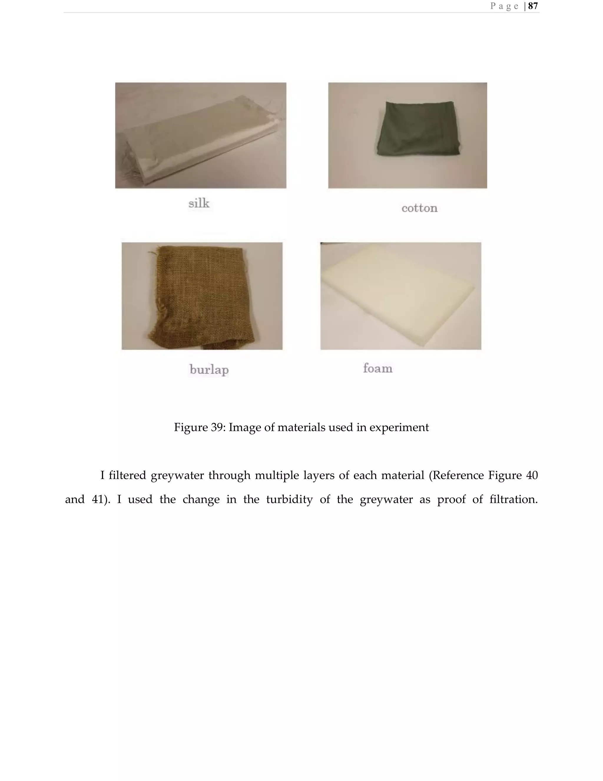 P a g e | 87
Figure 39: Image of materials used in experiment
I filtered greywater through multiple layers of each material (Reference Figure 40
and 41). I used the change in the turbidity of the greywater as proof of filtration.
 