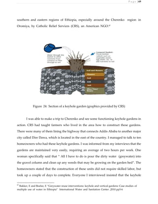 P a g e | 69
southern and eastern regions of Ethiopia, especially around the Cherenko region in
Oromiya, by Catholic Relief Services (CRS), an American NGO.87
Figure 24: Section of a keyhole garden (graphics provided by CRS)
I was able to make a trip to Cherenko and see some functioning keyhole gardens in
action. CRS had taught farmers who lived in the area how to construct these gardens.
There were many of them lining the highway that connects Addis Ababa to another major
city called Dire Dawa, which is located in the east of the country. I managed to talk to ten
homeowners who had these keyhole gardens. I was informed from my interviews that the
gardens are maintained very easily, requiring an average of two hours per week. One
woman specifically said that “ All I have to do is pour the dirty water (greywater) into
the gravel column and clean up any weeds that may be growing on the garden bed”. The
homeowners stated that the construction of these units did not require skilled labor, but
took up a couple of days to complete. Everyone I interviewed insisted that the keyhole
87
Bakker, E and Boelee, E “Greywater reuse interventions: keyhole and vertical gardens: Case studies of
multiple use of water in Ethiopia” International Water and Sanitation Center ,2010 pp3-6
 