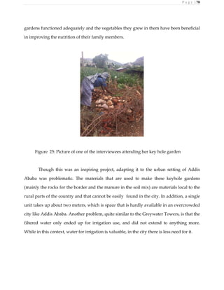 P a g e | 70
gardens functioned adequately and the vegetables they grew in them have been beneficial
in improving the nutrition of their family members.
Figure 25: Picture of one of the interviewees attending her key hole garden
Though this was an inspiring project, adapting it to the urban setting of Addis
Ababa was problematic. The materials that are used to make these keyhole gardens
(mainly the rocks for the border and the manure in the soil mix) are materials local to the
rural parts of the country and that cannot be easily found in the city. In addition, a single
unit takes up about two meters, which is space that is hardly available in an overcrowded
city like Addis Ababa. Another problem, quite similar to the Greywater Towers, is that the
filtered water only ended up for irrigation use, and did not extend to anything more.
While in this context, water for irrigation is valuable, in the city there is less need for it.
 