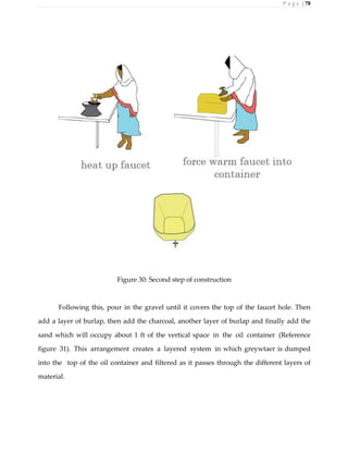 P a g e | 78
Figure 30: Second step of construction
Following this, pour in the gravel until it covers the top of the faucet hole. Then
add a layer of burlap, then add the charcoal, another layer of burlap and finally add the
sand which will occupy about 1 ft of the vertical space in the oil container (Reference
figure 31). This arrangement creates a layered system in which greywtaer is dumped
into the top of the oil container and filtered as it passes through the different layers of
material.
 