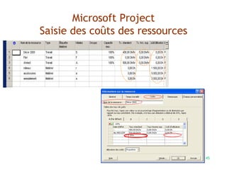 45
Microsoft Project
Saisie des coûts des ressources
 