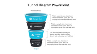 Funnel Diagram PowerPoint
Sample Text
Sample Text
Sample
Text
Sample
Text
This is a sample text. Insert your
desired text here. Again, this is a
dummy text, enter your own text here.
This is a sample text. Insert your
desired text here. Again, this is a
dummy text, enter your own text here.
This is a sample text. Insert your
desired text here. Again, this is a
dummy text, enter your own text here.
This is a sample text. Insert your
desired text here. Again, this is a
dummy text, enter your own text here.
Process Input
Output
 